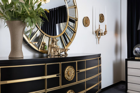 art deco dresser with brass hardware and ornate mirror in the background, created with generative aiの素材