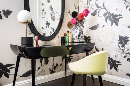 retro-inspired vanity table, with floral vase and sleek black lamp, created with generative aiの素材
