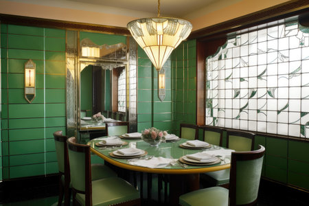 art deco dining room, with table and chairs, china plates and silverware, created with generative aiの素材