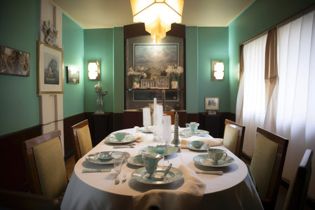 art deco dining room, with table and chairs, china plates and silverware, created with generative aiの素材