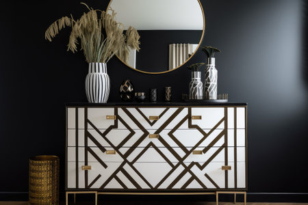 art deco dresser, with sleek lines and geometric patterns, in modern bedroom, created with generative aiの素材