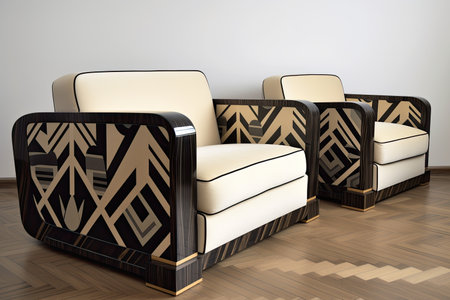 art deco sofa and armchair, with geometric patterns and clean lines, created with generative aiの素材