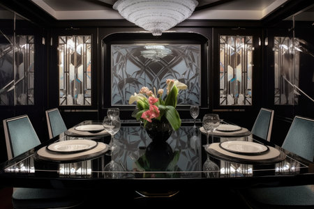 art deco dining room, with dazzling centerpiece and crystal glasses on the table, created with generative aiの素材