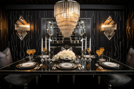 art deco dining room, with dazzling centerpiece and crystal glasses on the table, created with generative aiの素材