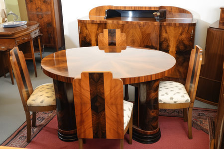 art deco dining table with matching chairs and china cabinet, created with generative aiの素材