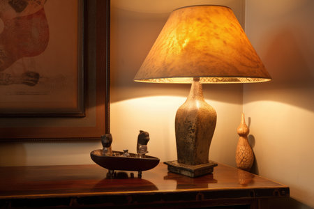 deco lamp on distressed side table, casting warm glow, created with generative aiの素材