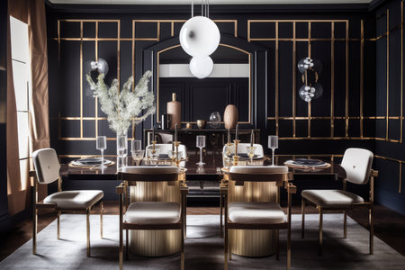 art deco dining room with sleek and minimalist furniture, silverware, and glassware, created with generative aiの素材