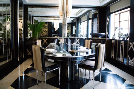 art deco dining room, with sleek and stylish furniture, glassware and silverware, created with generative aiの素材