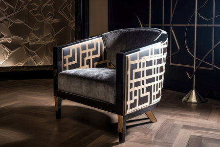 art deco armchair, with sleek lines and geometric patterns, created with generative aiの素材