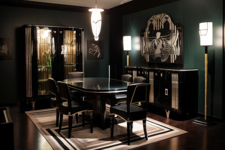 art deco dining room, with black leather furniture and glass tabletop, created with generative aiの素材