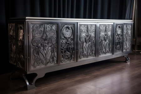 deco credenza with intricate metalwork, glass and leather, created with generative aiの素材