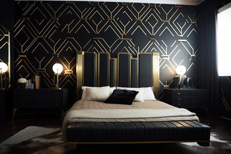 art deco bedroom, with sleek lines and geometric patterns, created with generative aiの素材