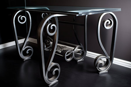 deco table with glass top and scrolled metal legs, created with generative aiの素材