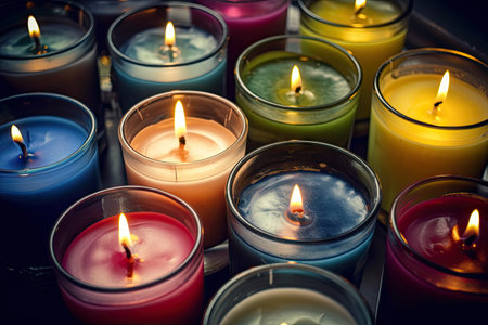 a collection of colorful and aromatic candles in a glass jar, created with generative aiの素材