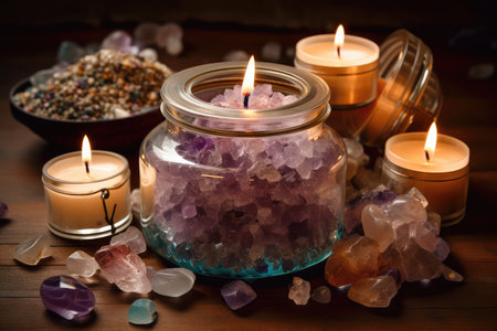 jar of aromatic candles surrounded by crystals, for an enchanting and spiritual atmosphere, created with generative aiの素材