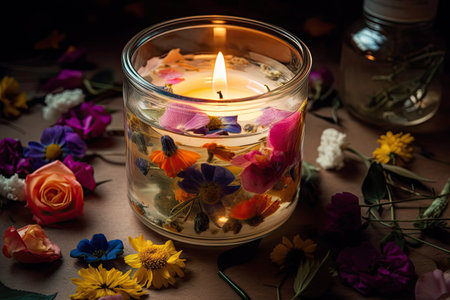 aromatic candle in a clear glass jar, surrounded by colorful flowers, created with generative aiの素材