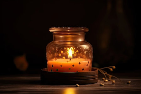 aromatic candle with a flicker in the glass jar against the background of dark tones, created with generative aiの素材