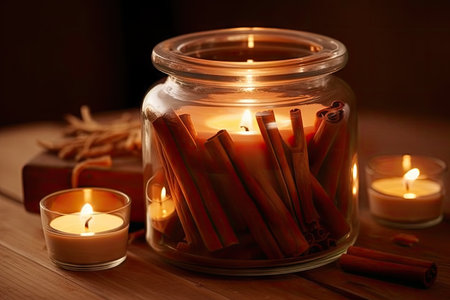 a glass jar filled with flickering candles, the warm scents of cinnamon and vanilla creating a cozy atmosphere, created with generative aiの素材