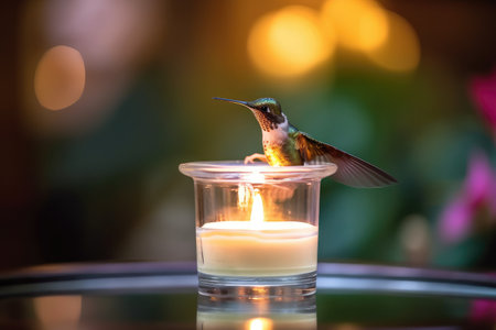 hummingbird hovering over a glass of aromatic candles, created with generative aiの素材