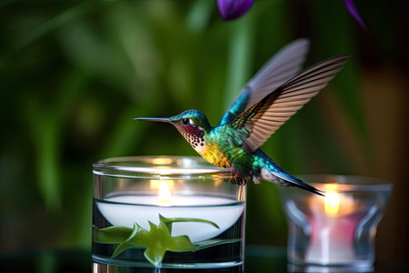 hummingbird hovering over a glass of aromatic candles, created with generative aiの素材