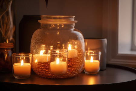 decorative glass jar with multiple candles burning, providing warm and inviting atmosphere, created with generative aiの素材
