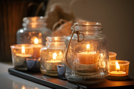 decorative glass jar with multiple candles burning, providing warm and inviting atmosphere, created with generative aiの素材