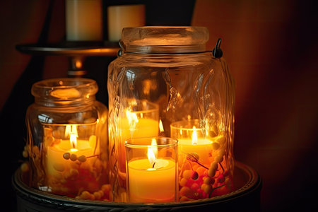 decorative glass jar with multiple candles burning, providing warm and inviting atmosphere, created with generative aiの素材
