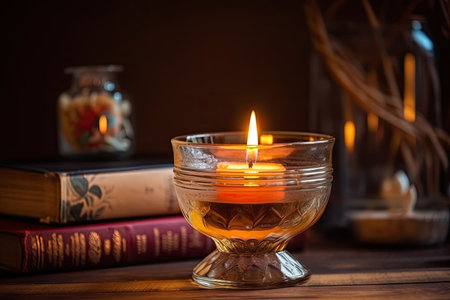 aromatic candle burning in a vintage glass vessel on a wooden table, created with generative aiの素材