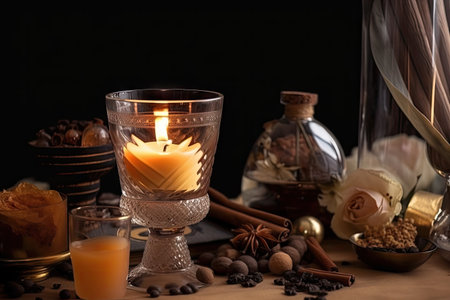 aromatic candle in a glass surrounded by decorative items, created with generative aiの素材