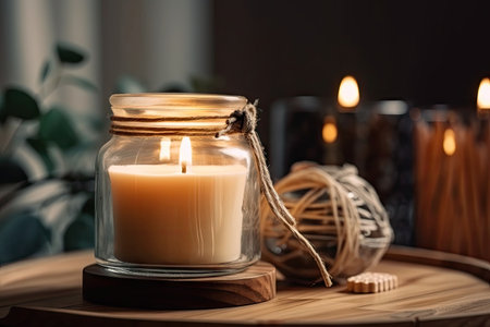 aromatic candle burning in a glass jar with a wooden lid, created with generative aiの素材