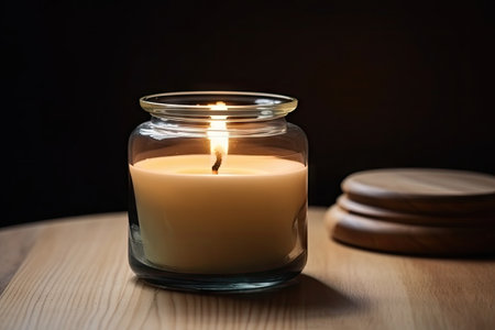 aromatic candle burning in a glass jar with a wooden lid, created with generative aiの素材