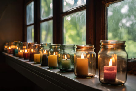a row of glass jars with aromatic candles in the window, created with generative aiの素材