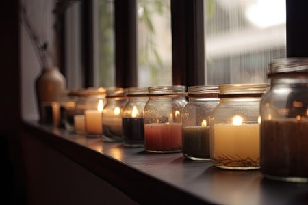 a row of glass jars with aromatic candles in the window, created with generative aiの素材