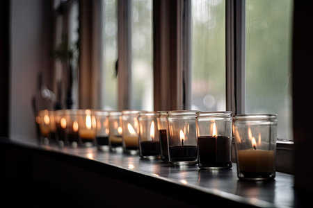 a row of glass jars with aromatic candles in the window, created with generative aiの素材