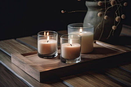 aromatic candle set on a wooden table in the modern interior, created with generative aiの素材