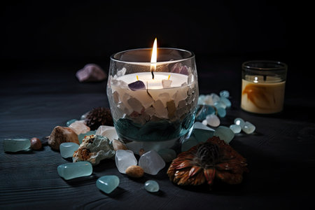 aromatic candle surrounded by crystals, stones and other natural elements, created with generative aiの素材