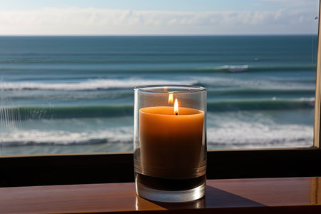 aromatic candle in a glass with a view of the ocean waves, created with generative aiの素材