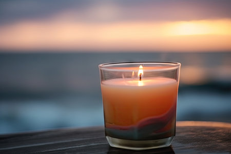 aromatic candle in a glass with a view of the ocean waves, created with generative aiの素材