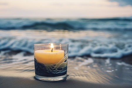 aromatic candle in a glass with a view of the ocean waves, created with generative aiの素材
