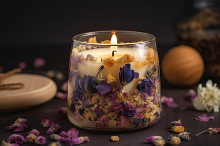 aromatic candle in a clear glass jar surrounded by dried flowers, created with generative aiの素材