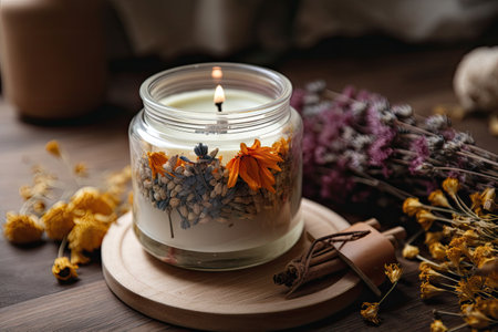 aromatic candle in a clear glass jar surrounded by dried flowers, created with generative aiの素材
