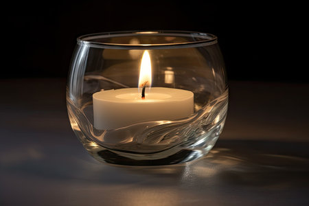 aromatic candle with a flickering flame, surrounded by transparent and delicate glass, created with generative aiの素材