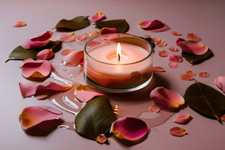 aromatic candle surrounded by floating petals and leaves, created with generative aiの素材