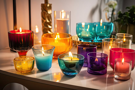 aromatic candles surrounded by a variety of colorful glassware in a stylish setting, created with generative aiの素材