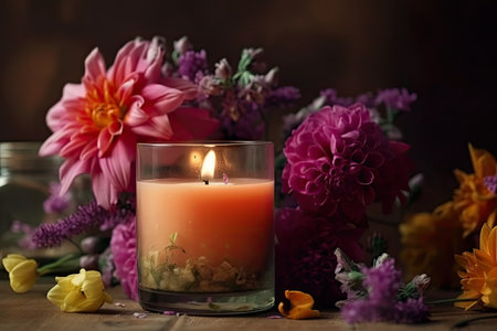 aromatic candle in a vase, surrounded by beautiful blooming flowers, created with generative aiの素材