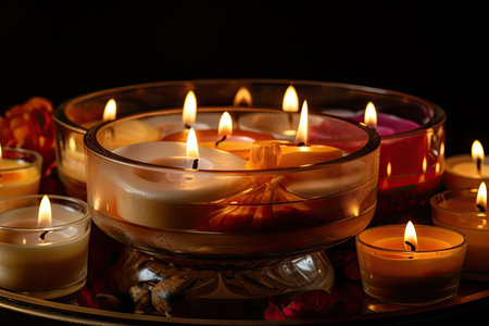aromatic candle surrounded by candles of different heights and sizes in a glass container, created with generative aiの素材