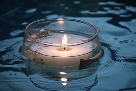 aromatic candle floating in a pool of water in a glass, created with generative aiの素材
