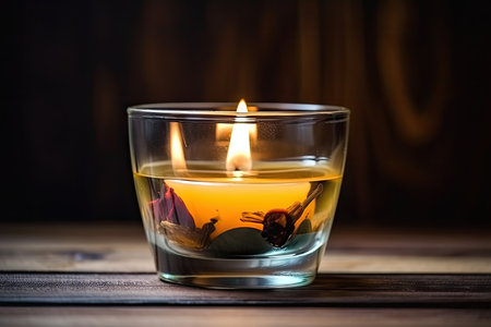 aromatic candle in a glass vessel on a wooden table, created with generative aiの素材
