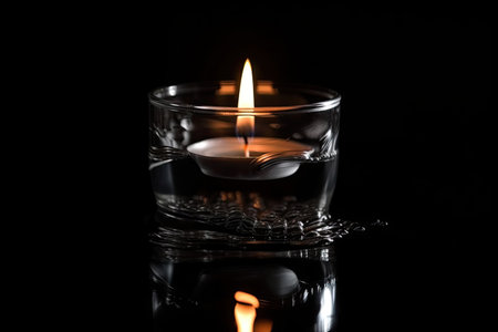 aromatic candle reflected in a glass of water and creates on the background of black, created with generative aiの素材