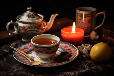 aromatic candle surrounded by tea cups and teapot, created with generative aiの素材